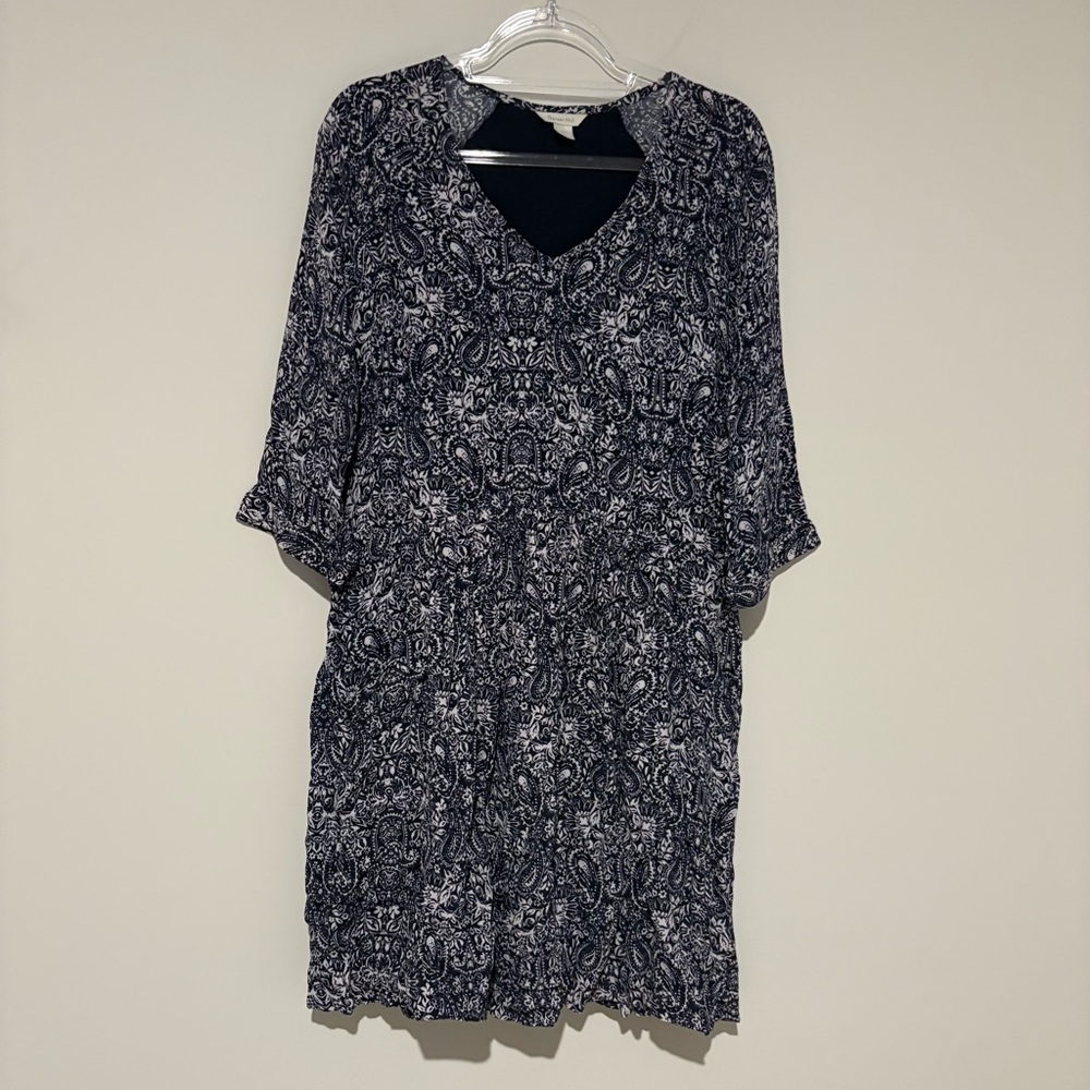 Garnet Hill V-Neck Paisley Print Pocket Dress 3/4 Sleeve Blue Size 6